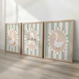 Personalised Goose Nursery Print Set - Custom Name & Initial Wall Art Green Striped Baby Room Decor With Optional Frames - thumbnail 1