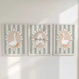 Personalised Goose Nursery Print Set - Custom Name & Initial Wall Art Green Striped Baby Room Decor With Optional Frames - thumbnail 2