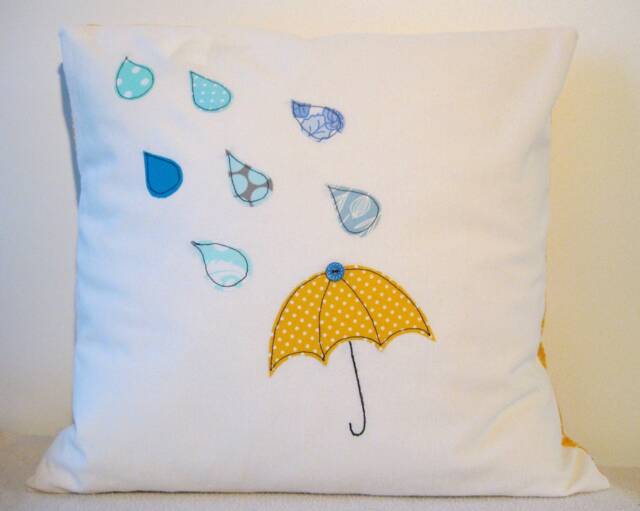 Umbrella & Raindrops Cushion Cover, Yellow Blue, Free Motion Applique, Linen Cotton. 40cm/16 - image 1