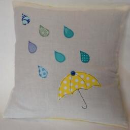 Umbrella & Raindrops Cushion Cover, Yellow Blue, Free Motion Applique, Linen Cotton. 40cm/16 - thumbnail 3