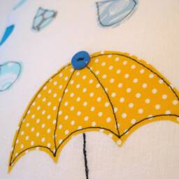 Umbrella & Raindrops Cushion Cover, Yellow Blue, Free Motion Applique, Linen Cotton. 40cm/16 - thumbnail 2