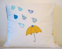 Umbrella & Raindrops Cushion Cover, Yellow Blue, Free Motion Applique, Linen Cotton. 40cm/16 - thumbnail 1