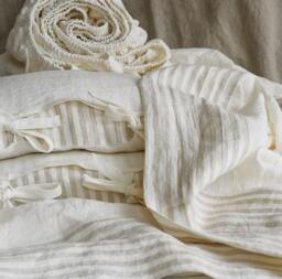 Off-White Linen Sheet Set Striped Hem, Stone Washed European Flax - thumbnail 1