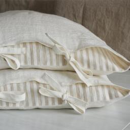 Off-White Linen Sheet Set Striped Hem, Stone Washed European Flax - thumbnail 3