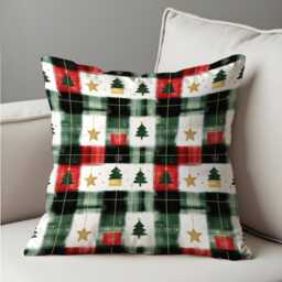 Plaid Christmas Cushion Cover, Green Red Checkered Pillow Cover With Trees, Cozy Holiday Decor For Sofa Or Living Room - thumbnail 4