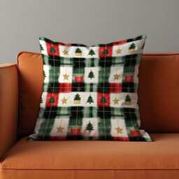 Plaid Christmas Cushion Cover, Green Red Checkered Pillow Cover With Trees, Cozy Holiday Decor For Sofa Or Living Room - thumbnail 2