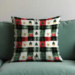 Plaid Christmas Cushion Cover, Green Red Checkered Pillow Cover With Trees, Cozy Holiday Decor For Sofa Or Living Room - thumbnail 1