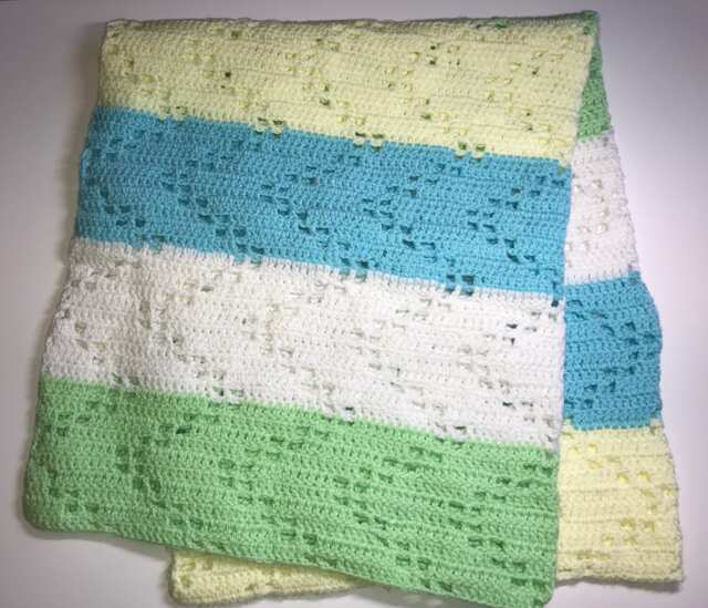 Hand Crocheted Green, White, Blue & Yellow Hopscotch Baby Blanket - image 1