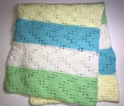 Hand Crocheted Green, White, Blue & Yellow Hopscotch Baby Blanket - thumbnail 1