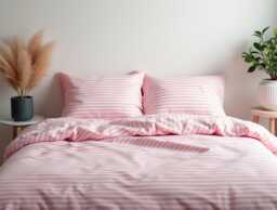 Pink Stripe Cotton Bedding Set 1 Duvet Cover & 2 Pillowcases Soft Checkered Cozy Bedroom Decor - thumbnail 1