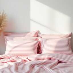 Pink Stripe Cotton Bedding Set 1 Duvet Cover & 2 Pillowcases Soft Checkered Cozy Bedroom Decor - thumbnail 3