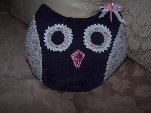"Novelty , Owl Plush Pillow Home Decor Girls Room Fabric Craft Handmade Purple Floral Print 11"" X 9" - image 1