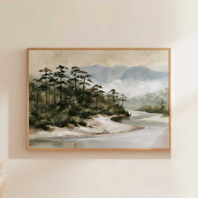 Misty River Poster, Pine Valley Print, Nature Wall Art, Paper - image 1
