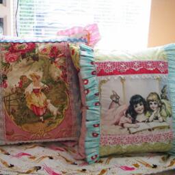 Vintage Victorian-Girl-Sisters -Image Pillow Cover-Pink -Blue-Lace-Patchwork Romantic Chic -18x18 Feather Pillow Insert - thumbnail 4