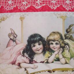 Vintage Victorian-Girl-Sisters -Image Pillow Cover-Pink -Blue-Lace-Patchwork Romantic Chic -18x18 Feather Pillow Insert - thumbnail 2