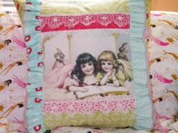 Vintage Victorian-Girl-Sisters -Image Pillow Cover-Pink -Blue-Lace-Patchwork Romantic Chic -18x18 Feather Pillow Insert
