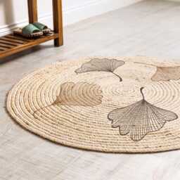 Handmade Jute Round Rug Ginkgo Leaf Design, Natural Boho Carpet