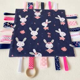 Bunny Ballerina Baby Lovey Cotton Ribbon Blanket With Wooden Ring - thumbnail 2