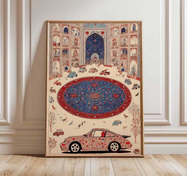 Persian Car Poster, Islamic Architecture Wall Art, Oriental Pattern Print, Cultural Fusion Illustration, Middle Eastern Decor Poster - image 1