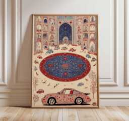 Persian Car Poster, Islamic Architecture Wall Art, Oriental Pattern Print, Cultural Fusion Illustration, Middle Eastern Decor Poster - thumbnail 1