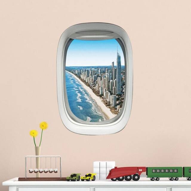 Airplane Window Wall Decal City Beach Scene Decor - Vwaq Pw4