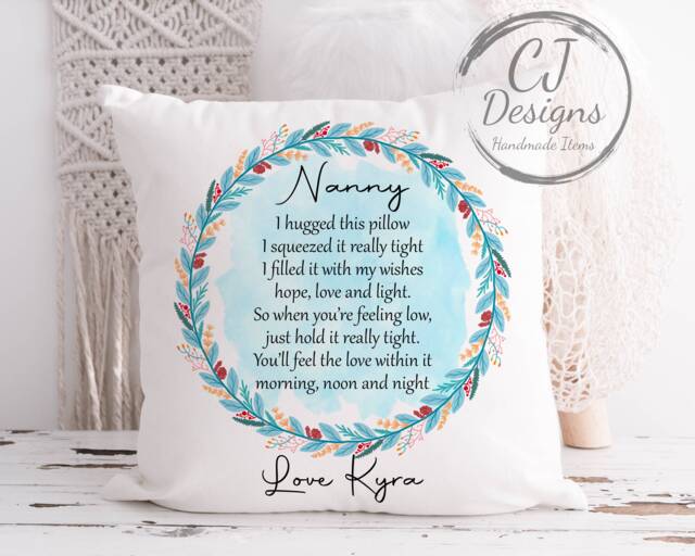 Personalised Nanny Hug Cushion - Blue Floral Design Printed White Super Soft- Hugs Quote- Grandma Granny-Nanna- Nannie - image 1