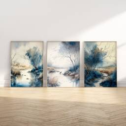 Blue Wall Art Set Of 3 Prints Landscapes Nature Contemporary Boho Housewarming Gift Watercolour Countryside Natural Aesthetic Painting