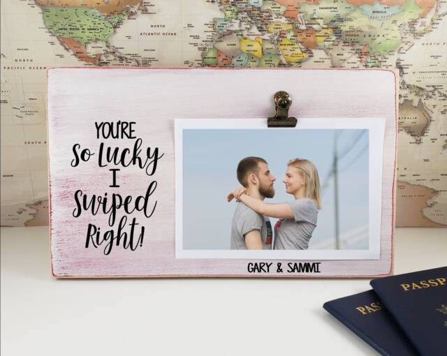 You're So Lucky I Swiped Right Picture Frame, Personalized Photo Holder, Clip, Valentine's Day Boyfriend Anniversary Gift - image 1