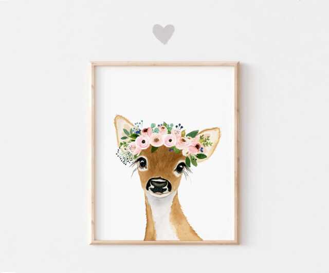 Woodland Nursery Decor, Wall Art Deer Flower Crown Print Crown, Fawn Nursery, Animal Art, Painting - image 1