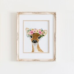 Woodland Nursery Decor, Wall Art Deer Flower Crown Print Crown, Fawn Nursery, Animal Art, Painting - thumbnail 3