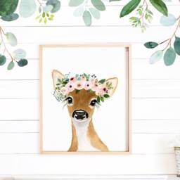 Woodland Nursery Decor, Wall Art Deer Flower Crown Print Crown, Fawn Nursery, Animal Art, Painting - thumbnail 2