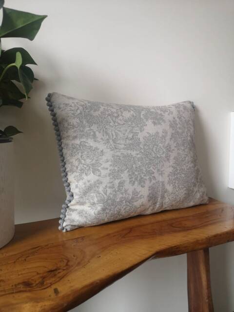 French Vintage Grey Toile Cushion Cover Country Linen Look Pom Trim Pillowcase - image 1