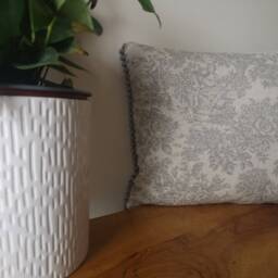 French Vintage Grey Toile Cushion Cover Country Linen Look Pom Trim Pillowcase - thumbnail 3