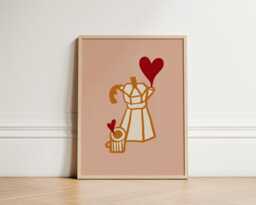 Moka Love Pot Print, Coffee Poster, Illustration Kitchen Wall Art, Aesthetic Cafe Trendy Unframed - thumbnail 1