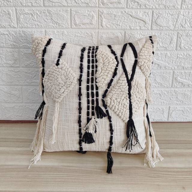 "Monochrome Boho Decorative Pillow Cover - Home Decor Tufted Embroidered Cushion Cover Natural Raw Cotton 18""x18" - image 1