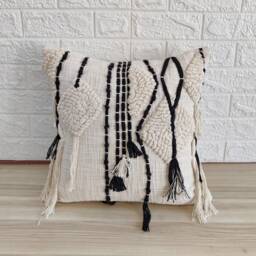 "Monochrome Boho Decorative Pillow Cover - Home Decor Tufted Embroidered Cushion Cover Natural Raw Cotton 18""x18" - thumbnail 1