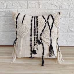 "Monochrome Boho Decorative Pillow Cover - Home Decor Tufted Embroidered Cushion Cover Natural Raw Cotton 18""x18" - thumbnail 3