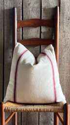 Grain Sack Stripe Pillow Cover - Farmhouse Burgundy 3 Front Beige Solid Back Zipper Closure - thumbnail 1