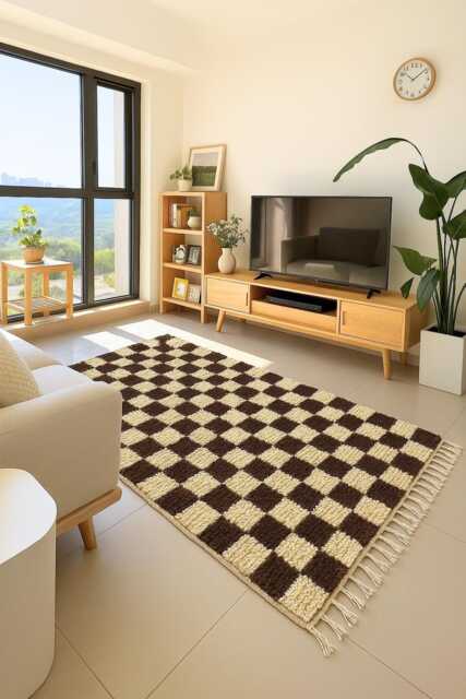 Handwoven Wool Checkered Rug Brown & White Moroccan Berber Rug - image 1