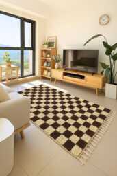Handwoven Wool Checkered Rug Brown & White Moroccan Berber Rug - thumbnail 1
