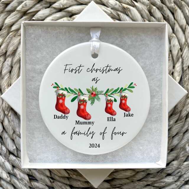 Personalised First Christmas As A Family Of 4 Bauble - Ornament Baby Xmas Tree Decoration - image 1