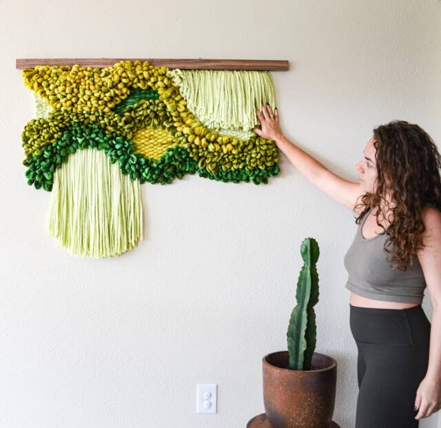 Green Wool Wall Hanging - Sculptural Macram?? Tapestry On Walnut Modern Fiber Art For Living Room Decor - image 1