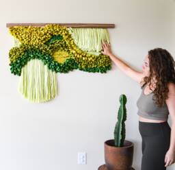 Green Wool Wall Hanging - Sculptural Macram?? Tapestry On Walnut Modern Fiber Art For Living Room Decor - thumbnail 1