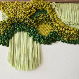 Green Wool Wall Hanging - Sculptural Macram?? Tapestry On Walnut Modern Fiber Art For Living Room Decor - thumbnail 3