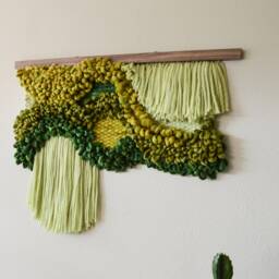 Green Wool Wall Hanging - Sculptural Macram?? Tapestry On Walnut Modern Fiber Art For Living Room Decor - thumbnail 2