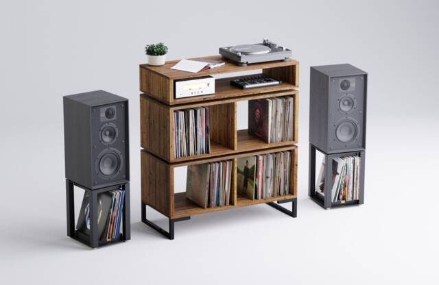 3 Tier Vinyl Storage Cabinet With Isolation Amp Shelf - Record Turntable Stand Dark Oak Teak Walnut - image 1