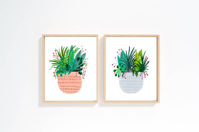 House Plant Prints, Original Gouache Art Wall Set Of 2, Potted Art, Assorted Plants, Botanical Print, Tropical - image 1
