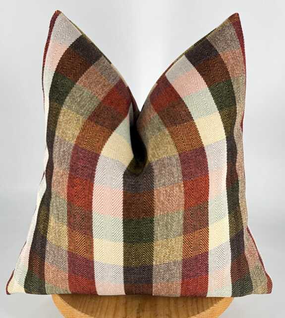 Plaid Chenille Pillow Cover, Terracotta Green Beige Tartan Cushion, Farmhouse Decor - image 1