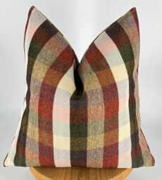 Plaid Chenille Pillow Cover, Terracotta Green Beige Tartan Cushion, Farmhouse Decor