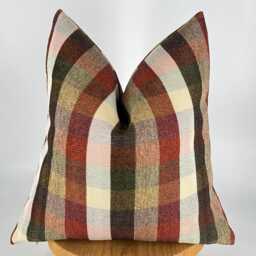 Plaid Chenille Pillow Cover, Terracotta Green Beige Tartan Cushion, Farmhouse Decor - thumbnail 4